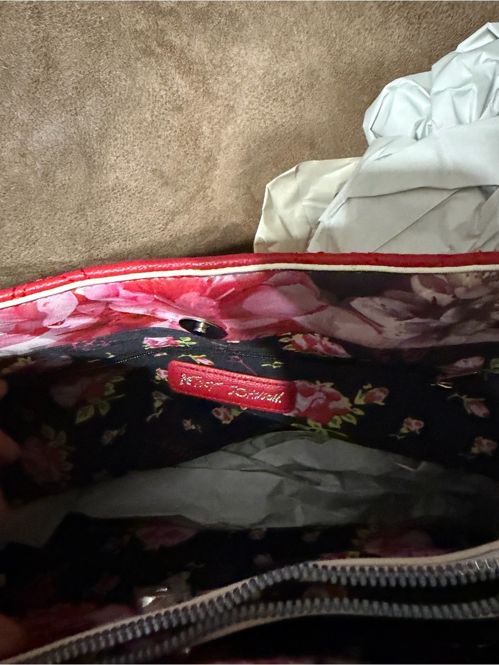 Quilted Red Top-Handle Tote with Floral Scarf - Picture 4 of 8